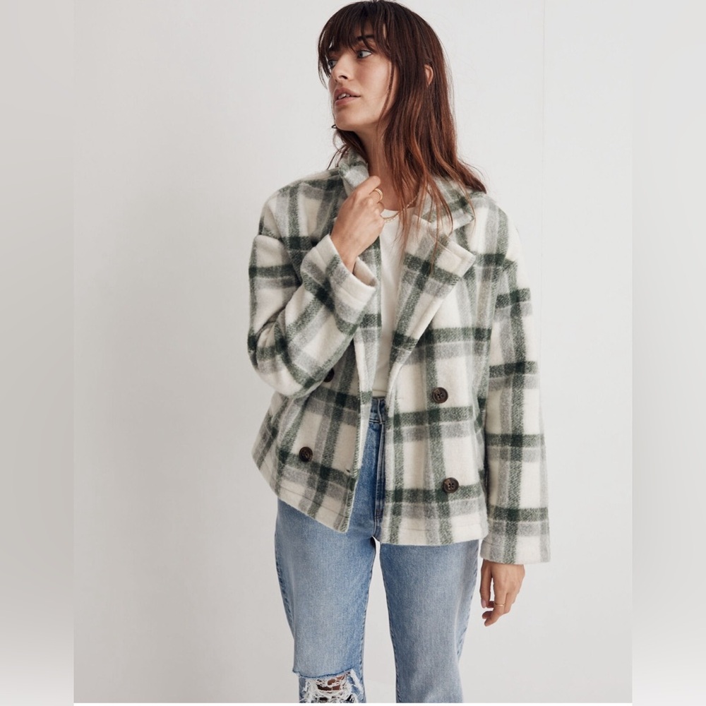 Madewell Jacquard Double-Breasted Crop Blazer in Plaid green size XS